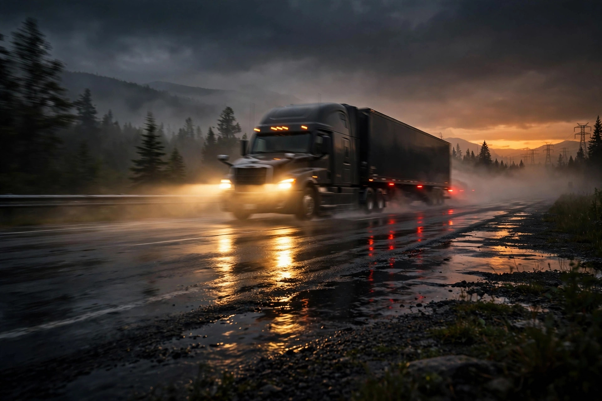 Semi-truck on an Ontario highway at dusk